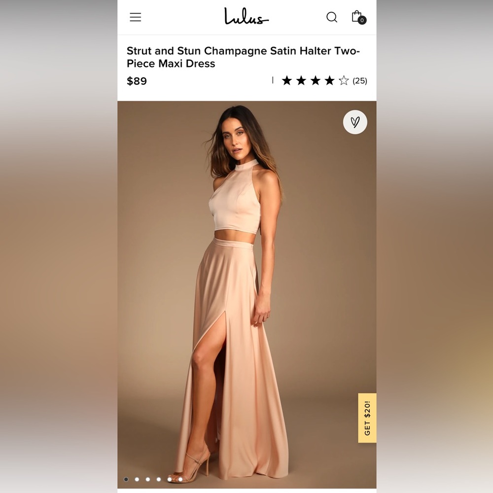Strut and Stun Champagne Satin Halter Two-Piece Maxi Dress Size S
